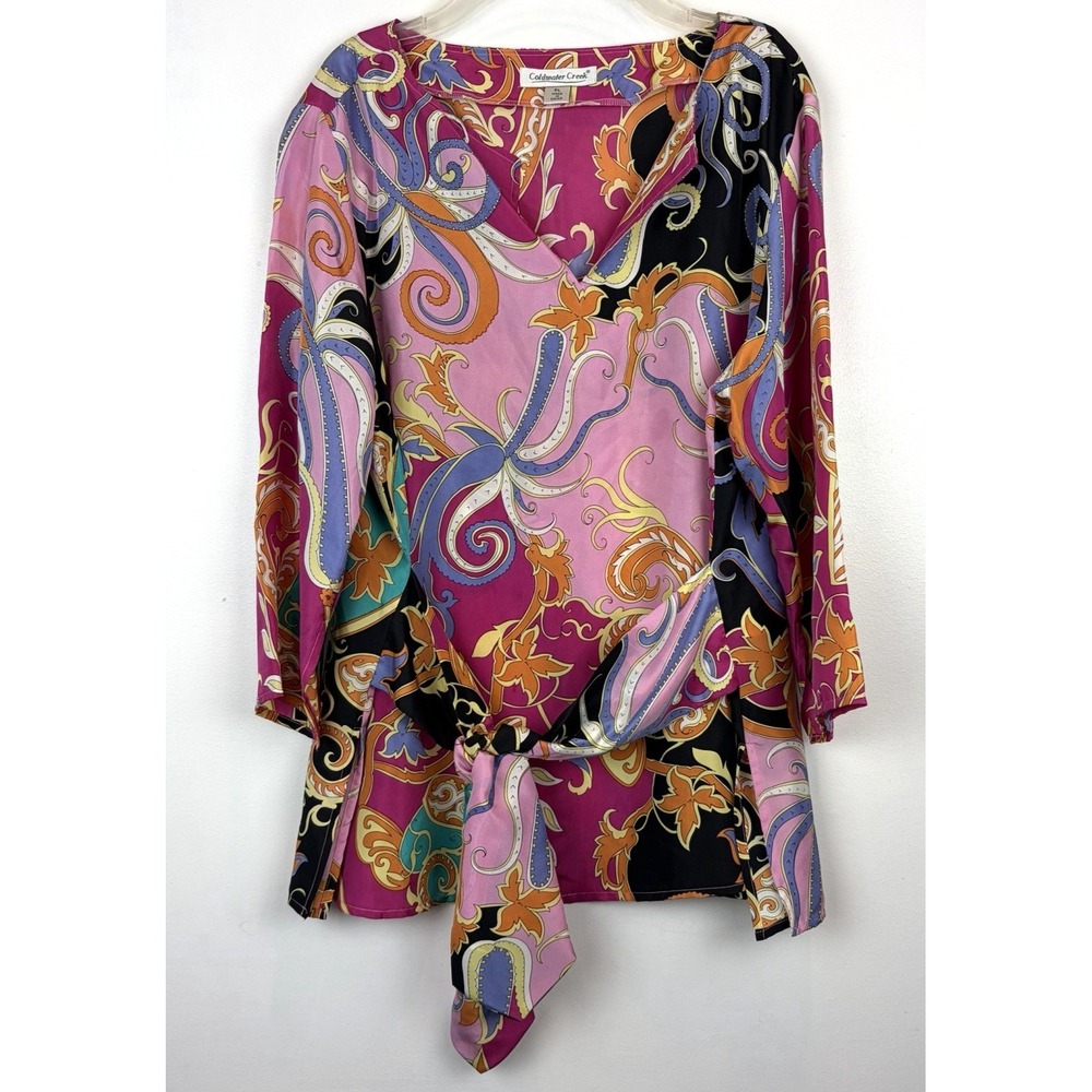 100% Silk Blouse Shirt Womens Large Petite Scarf Print Top Career Old Money